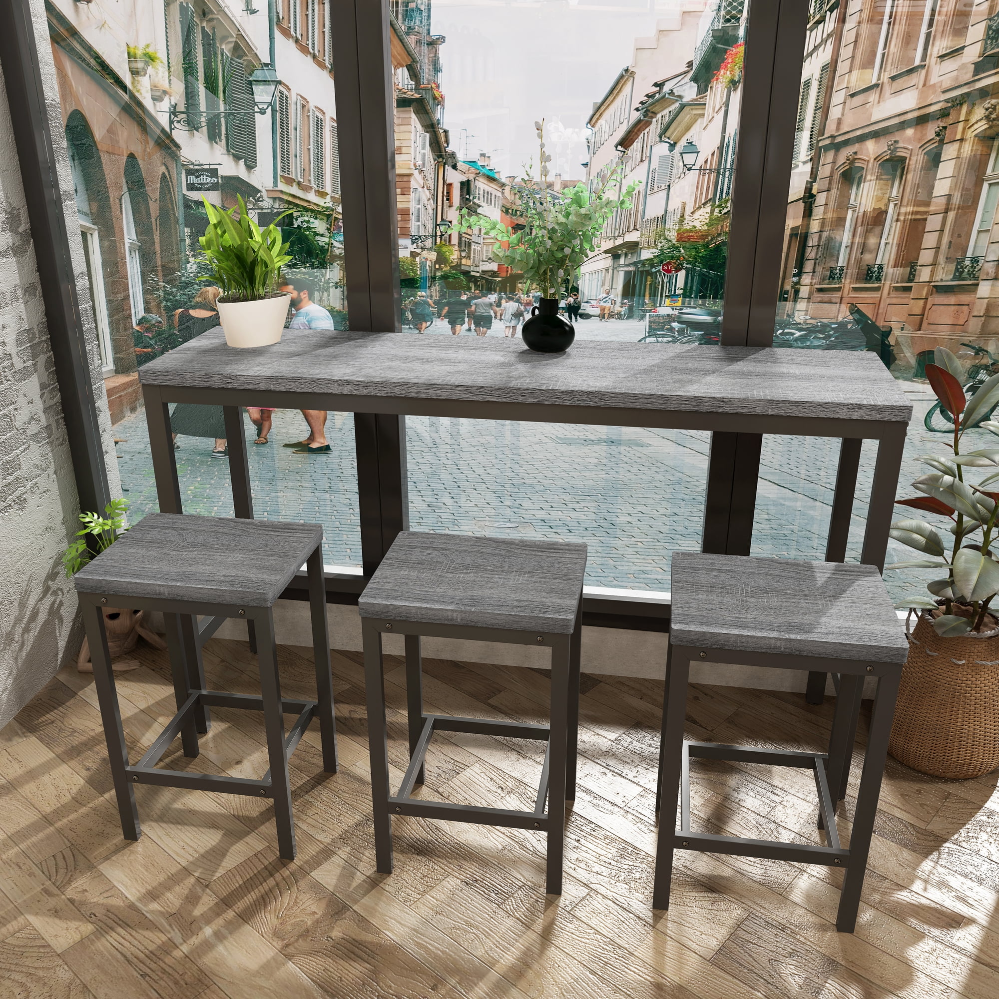 BSHTI 60.24" MDF Dining Room Table Set with Metal Frame, 3 Stools, Space-Saving Design for Kitchen Dining Room(Gray）