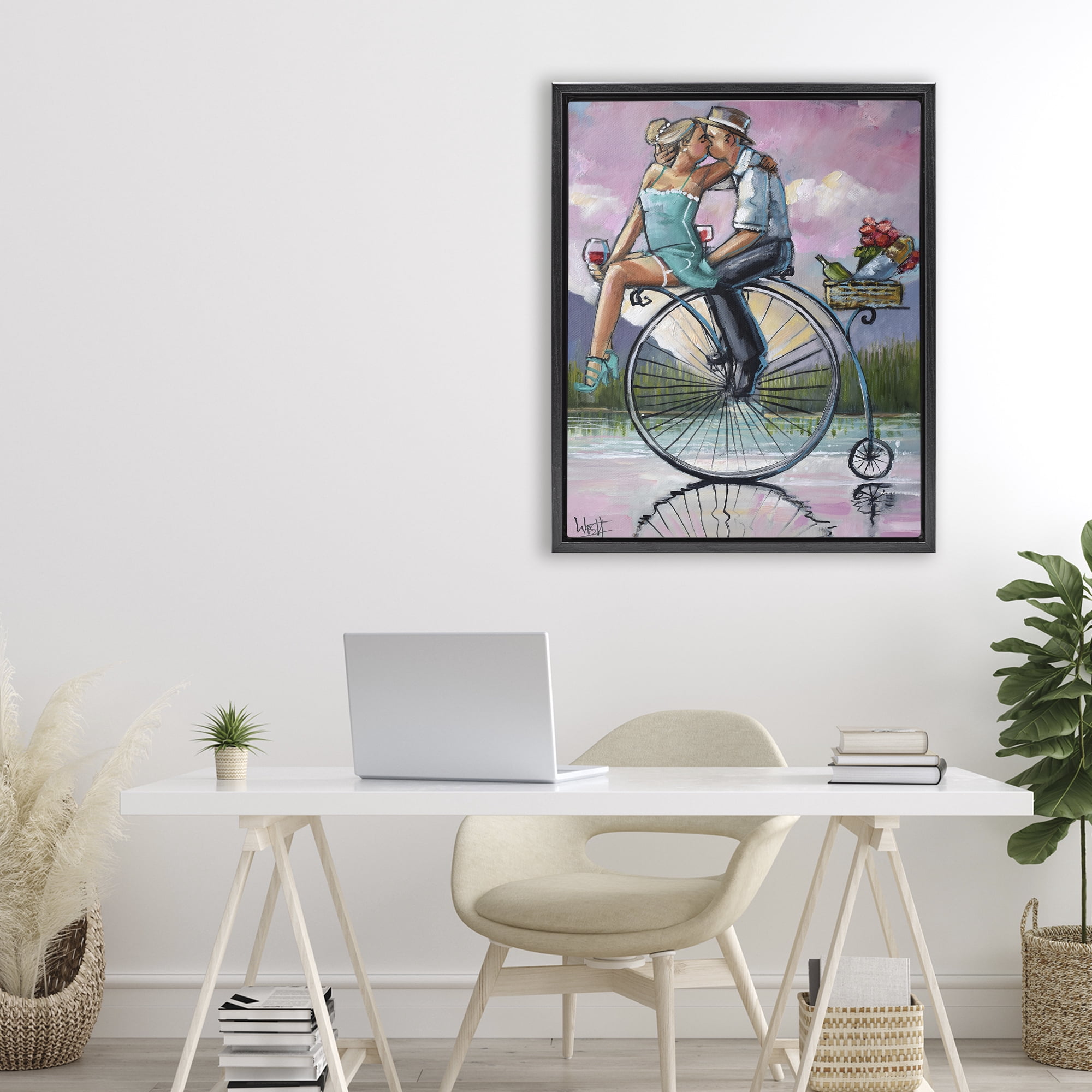 Stupell Industries Romantic Picnic on Bicycle Black Framed Floater Canvas Wall Art, design by Ronald West
