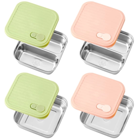 4 Pcs Stainless Steel Lunch Box Set with Leak Proof Silicone Lids, 304 Food Grade Metal Meal Prep Containers Includes 2 Single and 2 Double Compartments, Stackable Bento Box for Adults Office Picnic