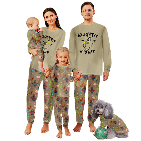 

FUNIER Family Christmas Pajamas Sleepwear Set Grinch Khaki Print Baby-Kids-Adult-Pet Size Top and Pants Bodysuits Xmas Pjs Set
