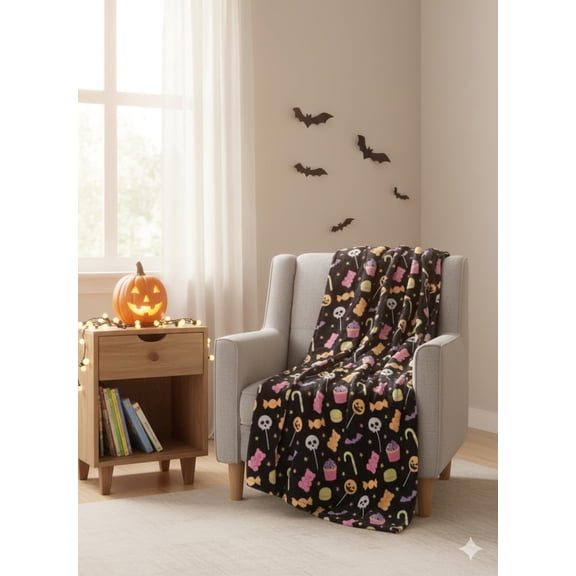 Halloween Plush Blanket 60x70 – Soft Long Hair Throw with Cute Ghost & Candy Designs, Cozy Pink & Black Decorative Blankets for Couch, Bed & Halloween Décor (Candy)
