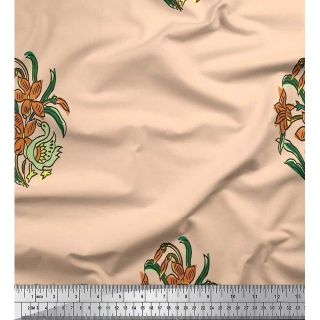 Soimoi Rayon Fabric Leaves,Duck & Floral Block Printed Craft Fabric by The Yard 42 Inch Wide