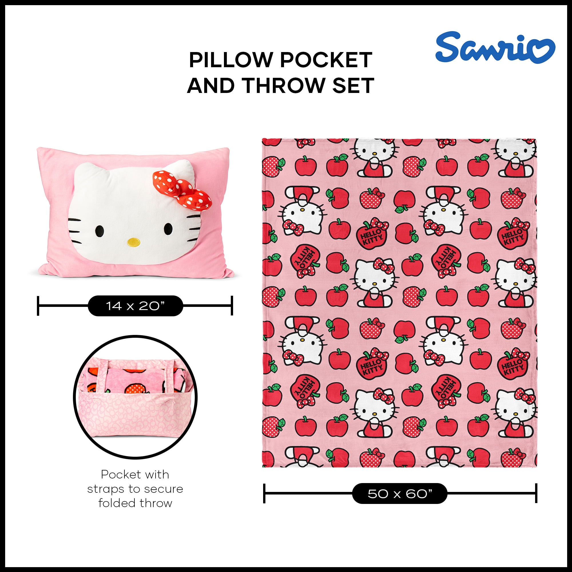 Sanrio Hello Kitty Forever Sweet Silk Touch Throw Blanket 50X60 inches with Plush Pocket Pillow 14X20 inches – Ultra Soft Plush Character Pillow for Kids