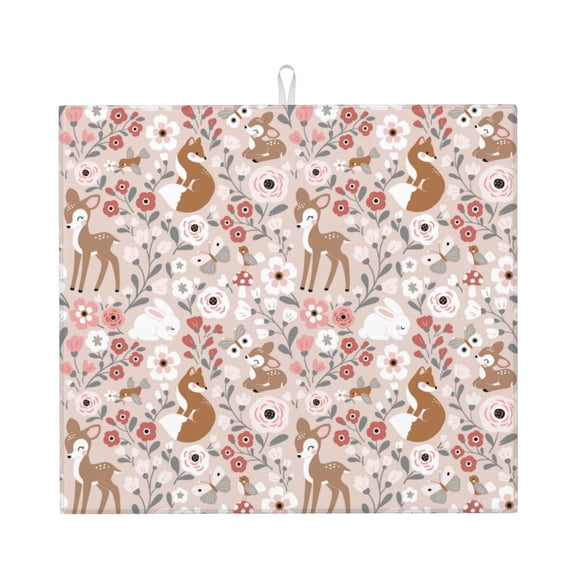 Honeii Autumn Floral Deer for Dish Drying Mat for Kitchen Counter, Non-slip Rubber Backed, Hide Stain Kitchen Super Absorbent Draining Mat, Dish Rack Pad