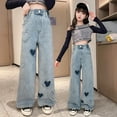 thumbnail image 7 of Krdevn Girls Casual Pants Long Flared Jeans with Heart Design Loose Fit Comfortable Stretchable Trousers for School Outdoor Play Everyday,4-5 Years, 7 of 7