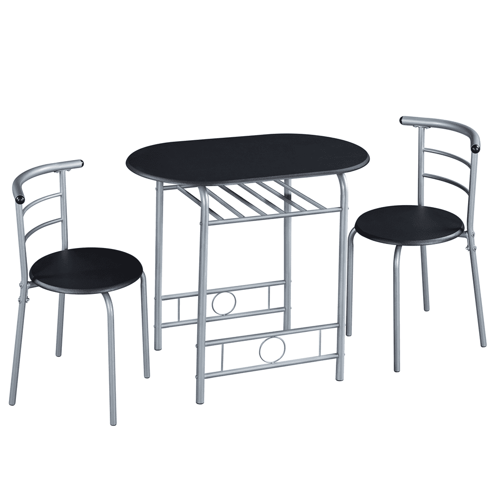 Fullfurnique Modern 3-piece Round Dining Table and 2 Chairs Set with Steel Legs, Black