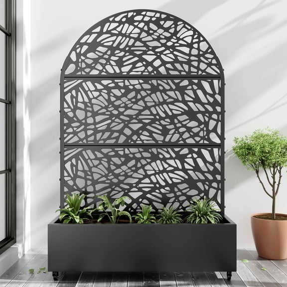 MAYEERTY 72x47 Black Arched Iron Planter Box with Trellis, 3 Piece Set Decorative Garden Screen for Patio and Balcony
