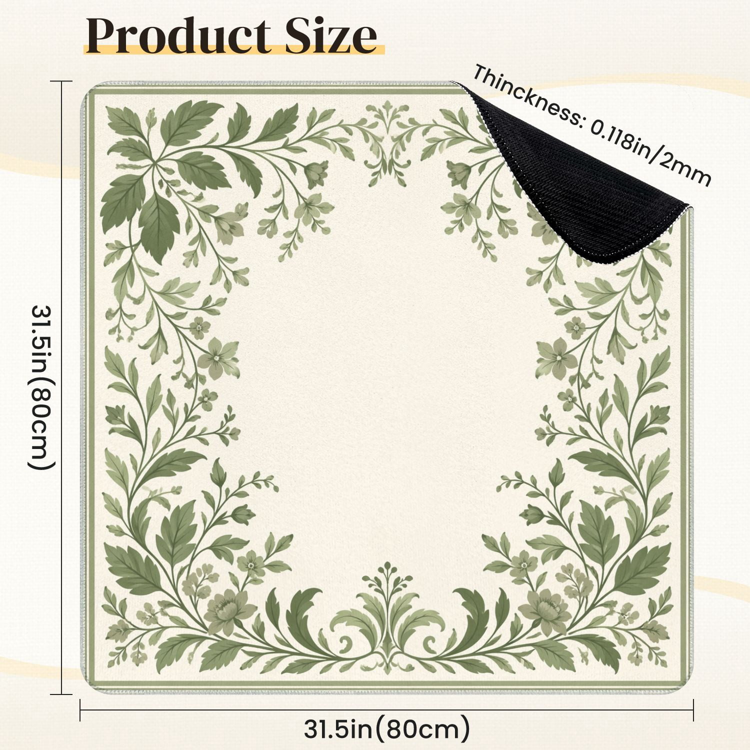 Mahjong Mat 31.5" x 31.5" Green Floral Border Leaves Blossoms Non-Slip Noise Reduction Mahjong Tiles Table Cover for Dominoes Poker Card Board and Tile Games