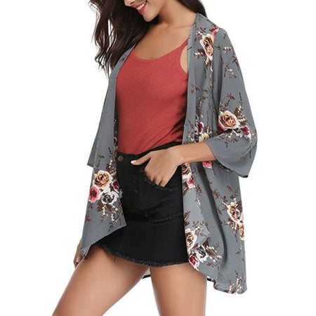 Womens 3/4 Sleeve Floral Open Front Kimono Cardigan Summer Tops Blouse ...