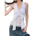 thumbnail image 2 of Women'S Twist Front Tie Halter Neck Split Hem Backless Summer Going Out Crop Top Stripes L, 2 of 9