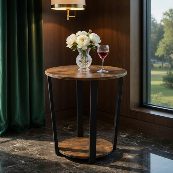 Topcobe 2-tier Round End Table with Storage Shelf and Metal Frame, Modern Coffee Tables for Living Room, Brown