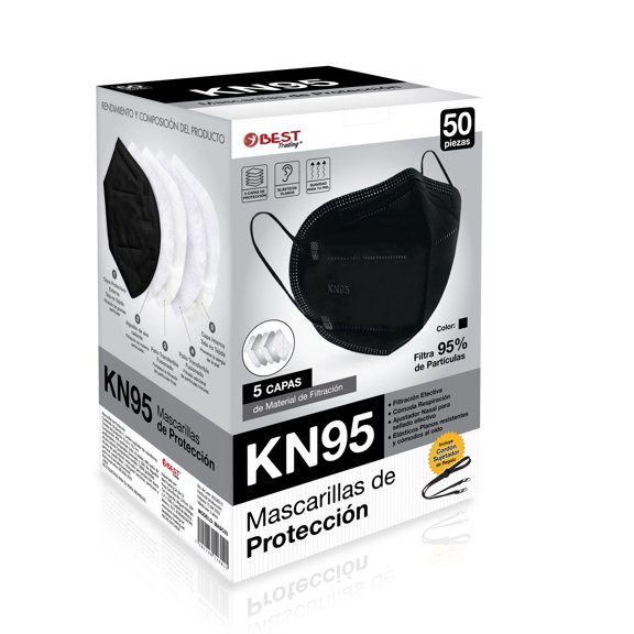 Best Trading 50 Cubrebocas Negros KN95, Mascarilla de Protección Certificada, Tapabocas Individual con 5 Capas de Protección contra Partículas, con Ajustador Nasal Oculto, Tecnología Ligera (Negro)