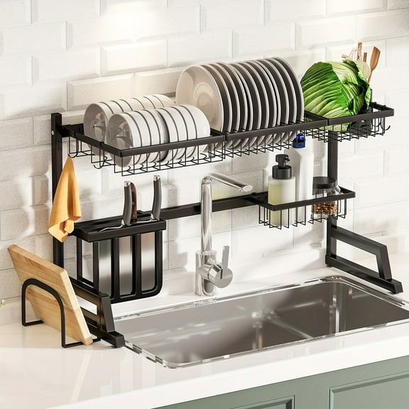 2-Tier Adjustable Over Sink Dish Rack - Stainless Steel Black Kitchen Organizer with Utensil Holders & Storage Baskets, Multi-Functional Utility Racks