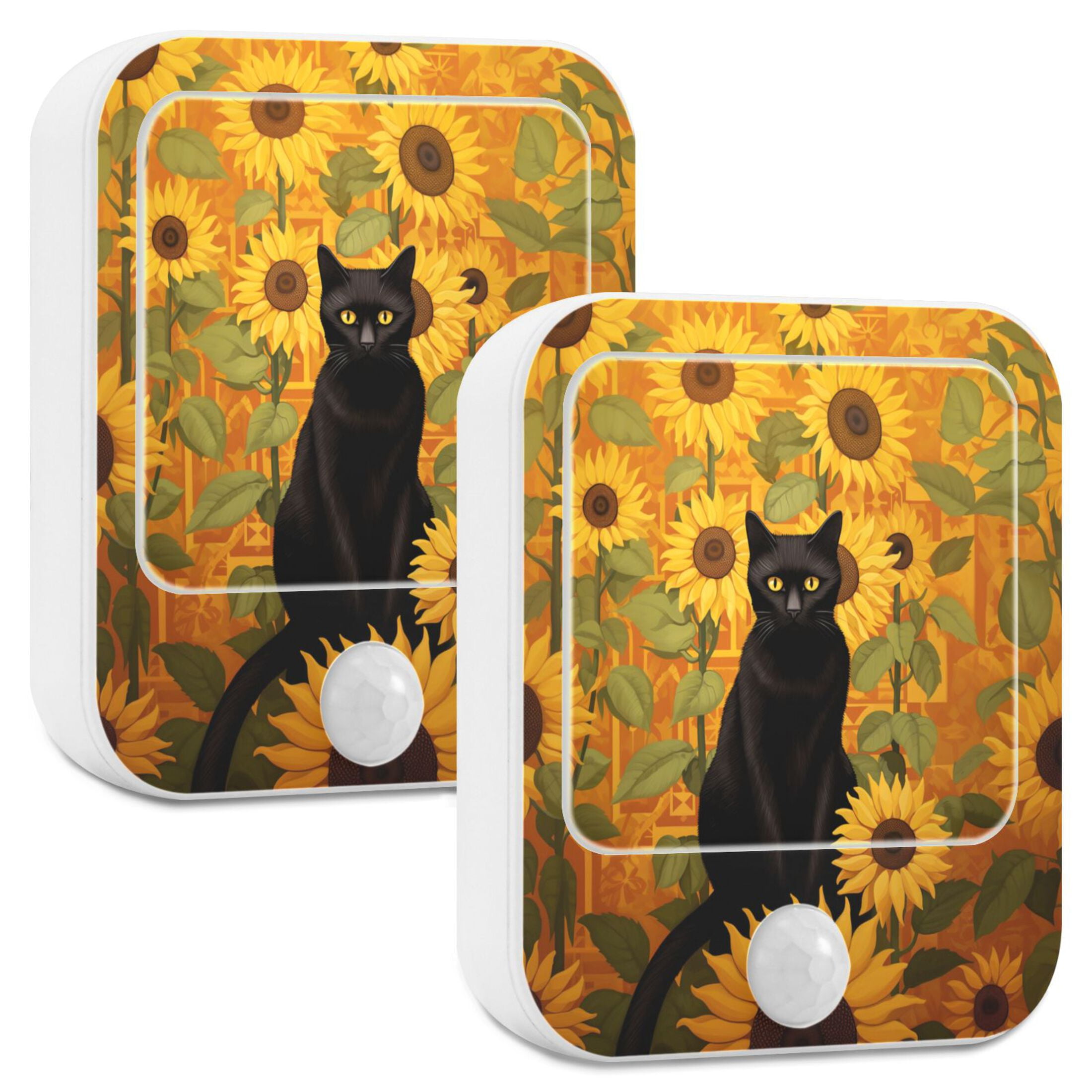 Cat Sunflowers Night Lights Plug into Wall LED with Auto Light Sensor Warm Light for Kids Hallway Bedroom Living Room Kitchen Bathroom Set of 2