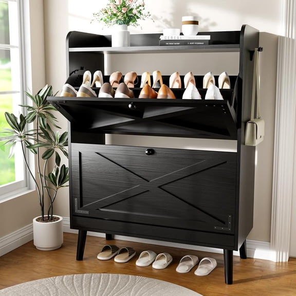 Brown Shoe Storage Cabinet with 2 Flip Drawers, Narrow Freestanding Shoe Organizer for Entryway