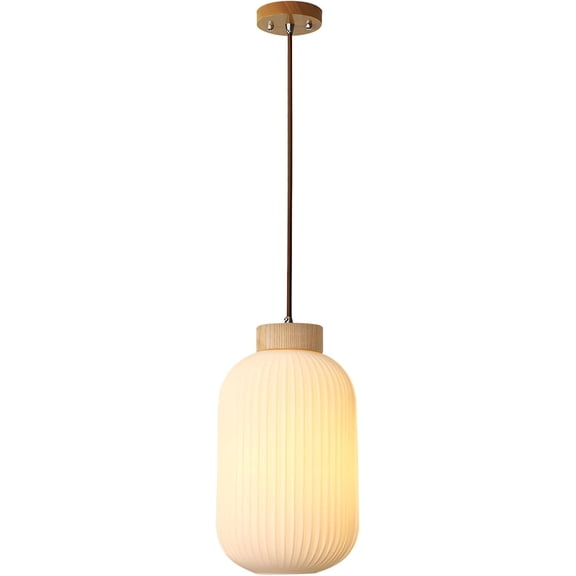 Vintage Ribbed Glass Ceiling Light Cylinder Milk Glass Pendant Light Mid Century Farmhouse Hanging Light Fixture for Kitchen Dining Room Living Room