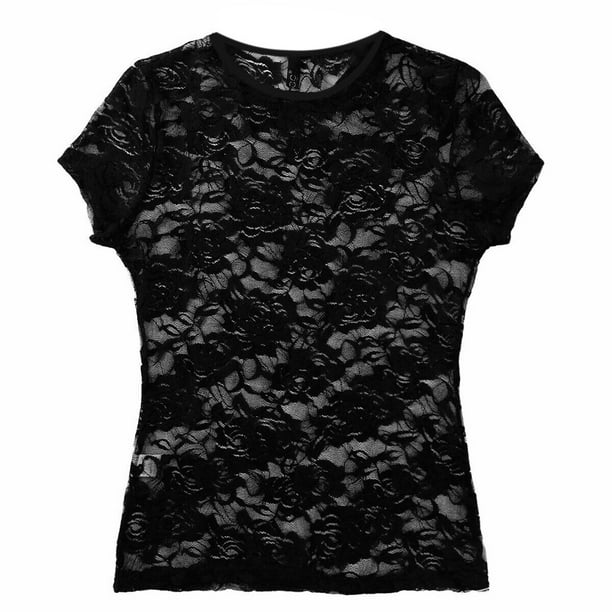 Womens Short Sleeve Tops Womens Sheer Mesh Lace See-Through