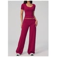 thumbnail image 2 of PISONIC Women Two Piece Workout Sets Short Sleeve T-Shirt Matching Butt-lifting Flare Leggings Gym Yoga Outfits, 2 of 6