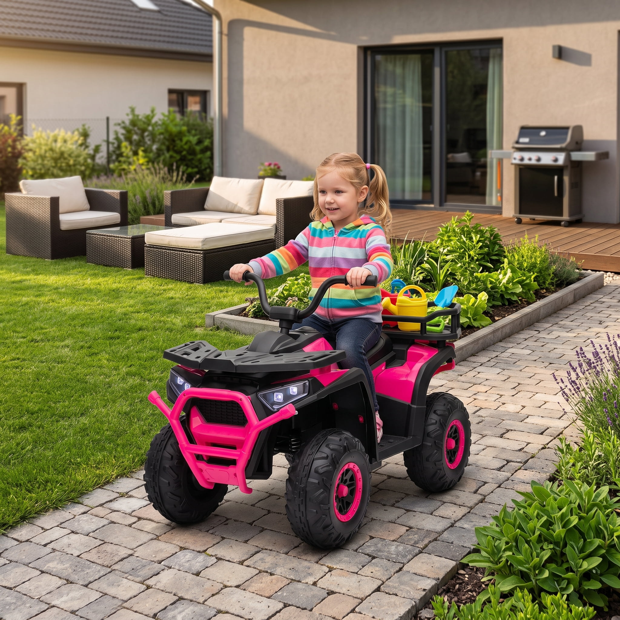 12V Kids Quad ATV, 4 Wheeler with 4 Spring Suspension Wheels, LED Lights, Music USB, Pink