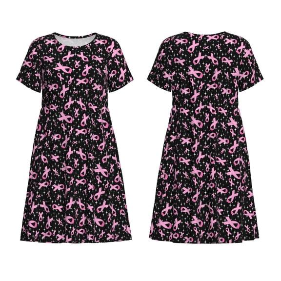 Horeoi Breast Cancer Awareness (2) Print Women's Short Sleeve Dress Breathable Polyester-Spandex All-Over Print A-Line Side Pockets Elastic Waist