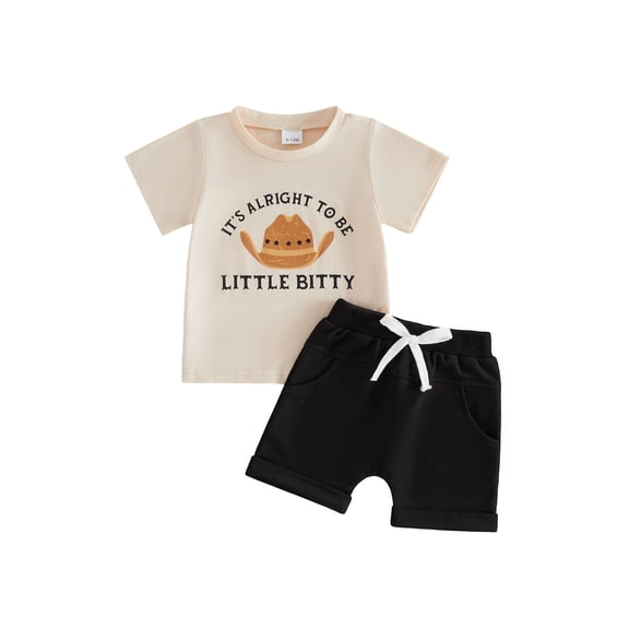 BemeyourBBs Western Baby Boy Summer Clothes Toddler Baby Boys Cowboy Outfit It's Alright To Be Little Bitty Letters Short Sleeve Cowgirl Hat Print T-Shirt Shorts Set Toddler Baby Boys Summer Outfit