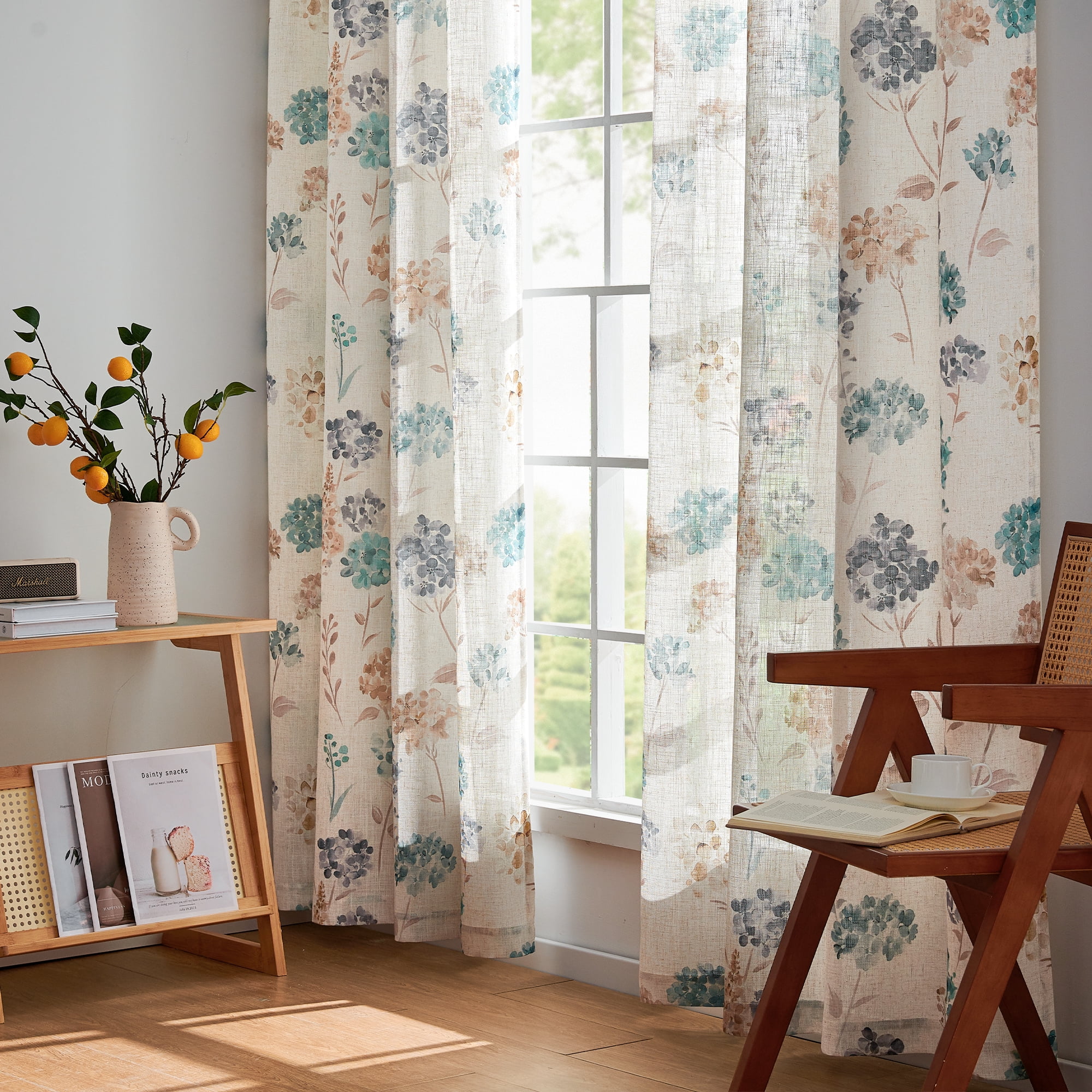 CURTAINKING Farmhouse Linen Curtains for Living Room Bedroom Floral Patterned Light Filtering Linen Blend Curtain Burlap Effect Drape Window Treatments 2 Panels Green Dark Blue and Tan
