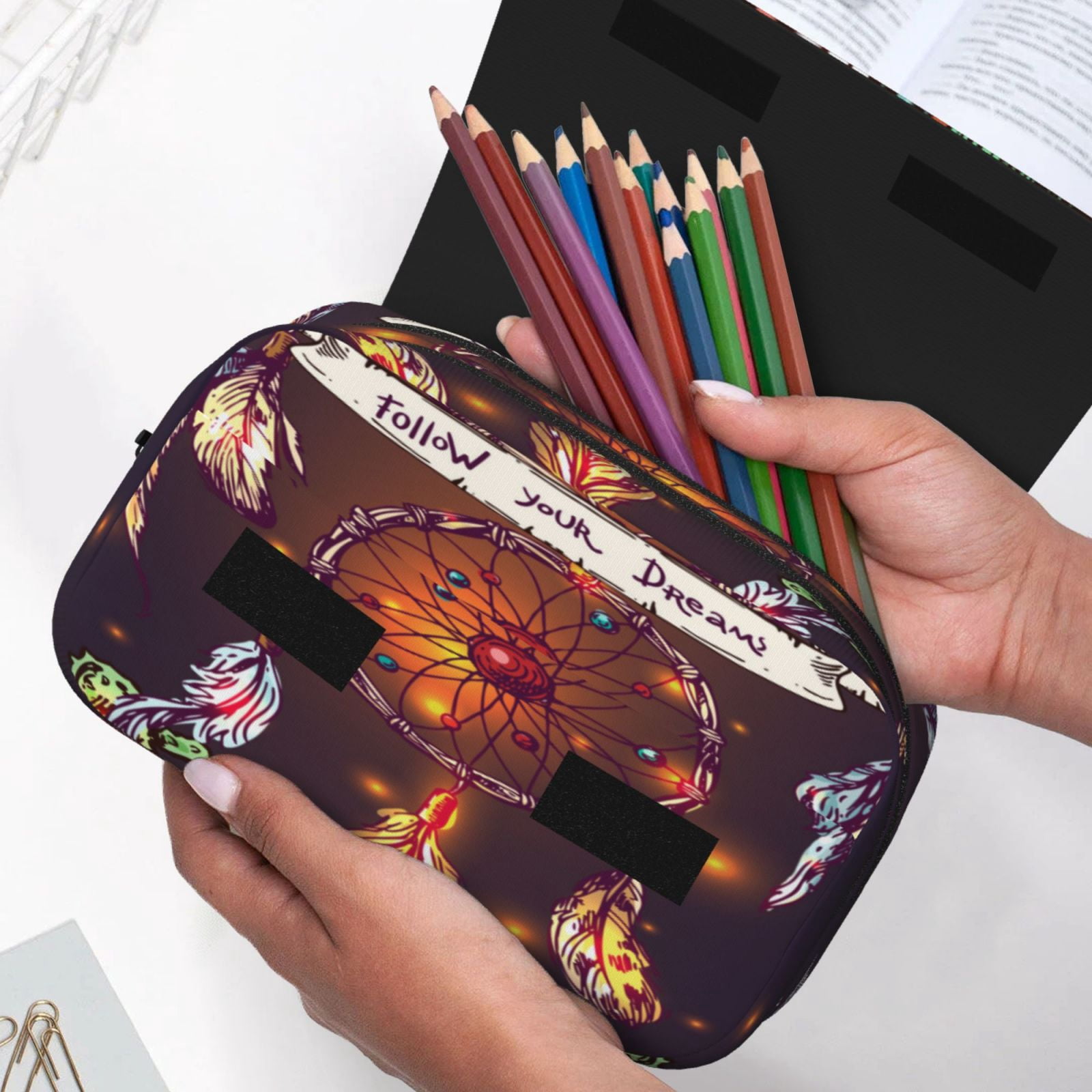 Rateoe Beautiful Dreamcatcher1 Pattern Double Clamshell Pen Case, Storage Organizer with Two Zipper Compartments– Holds Up to 50 Pencils & Pens