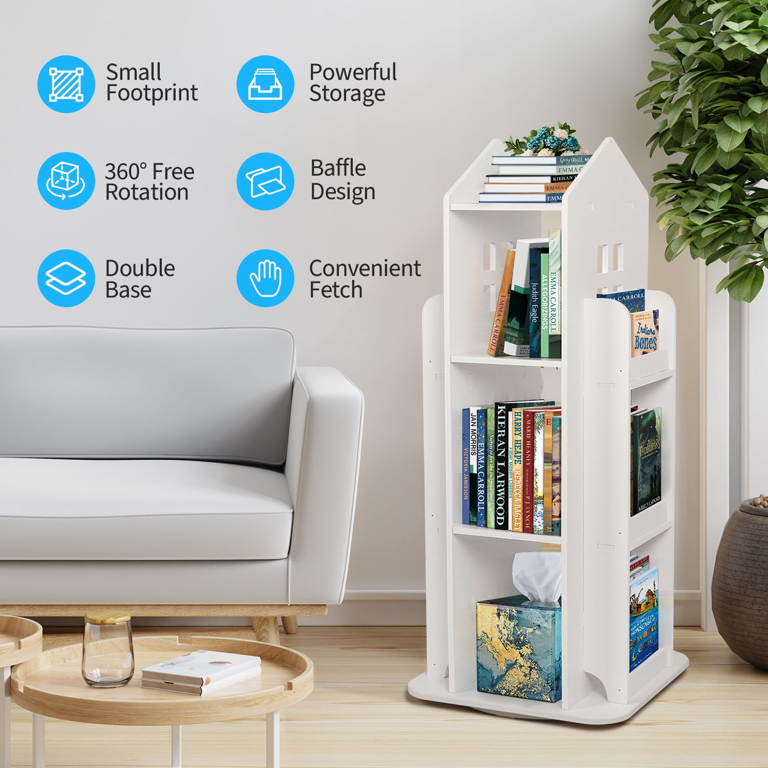 IAJXWI 3 Tier Rotating Bookshelf, 360° Floor-Standing Revolving Bookcase, House Shape Multi-Functional Reading Corner for Bedroom Study Living Room