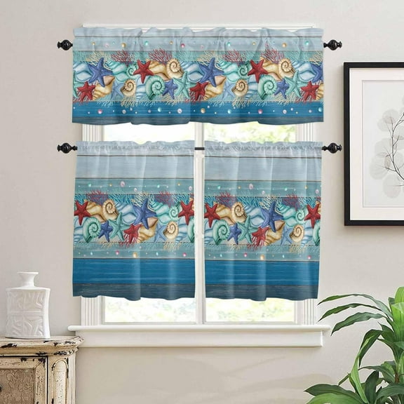 Kitchen Curtains Set, Blue Coastal Kitchen Curtains and Valances Set, Nautical Starfish Coral Shell Beach Wooden Rod Pocket Tier Curtains 24 Inch Length for Cafe/Bedroom Windows