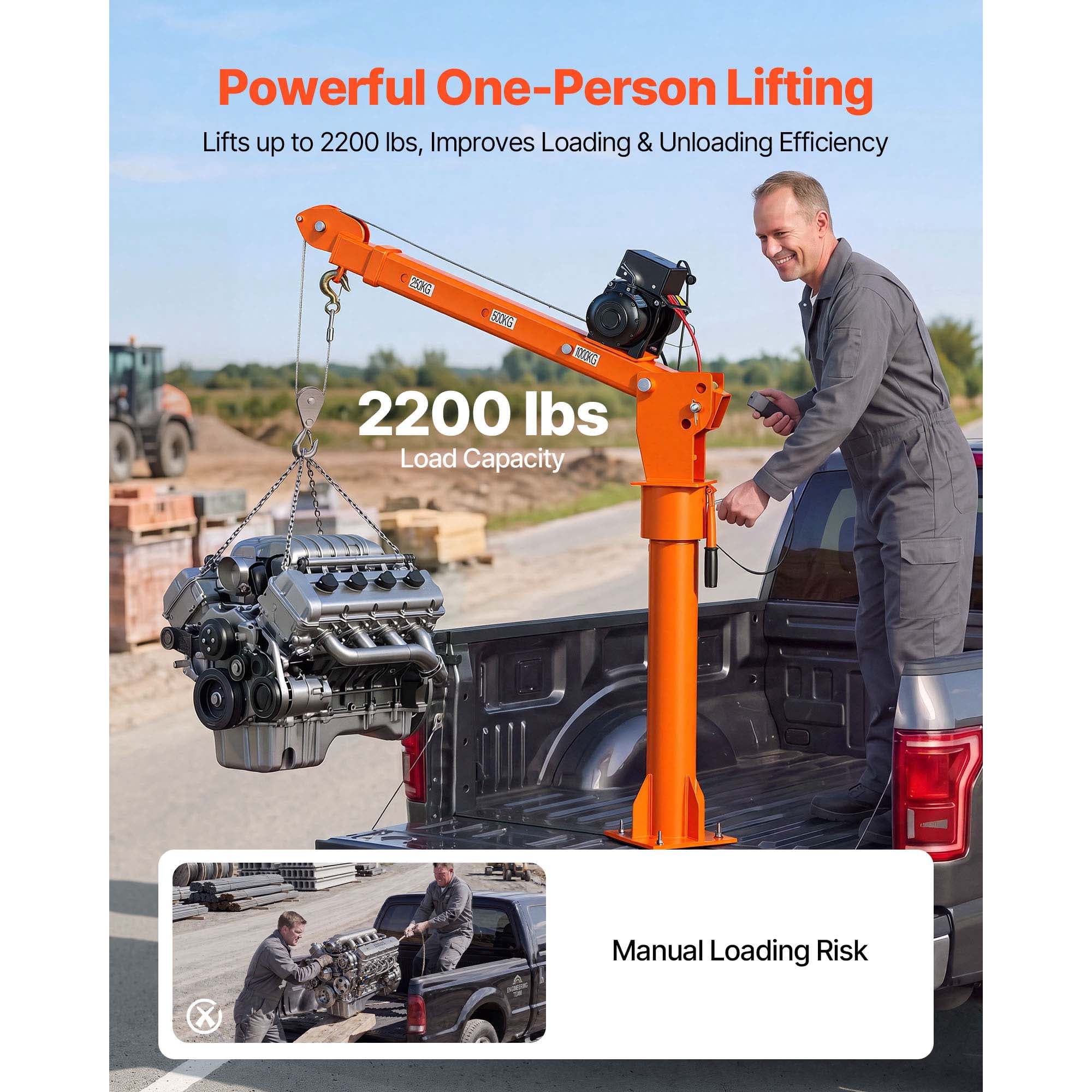 KFFKFF Electric Truck Crane, 2200 lbs Capacity with 12V 6000 lbs Electric Winch, 360° Rotating Telescopic Boom, Durable Galvanized Steel, Foldable Design for Lifting Machinery and Lumber