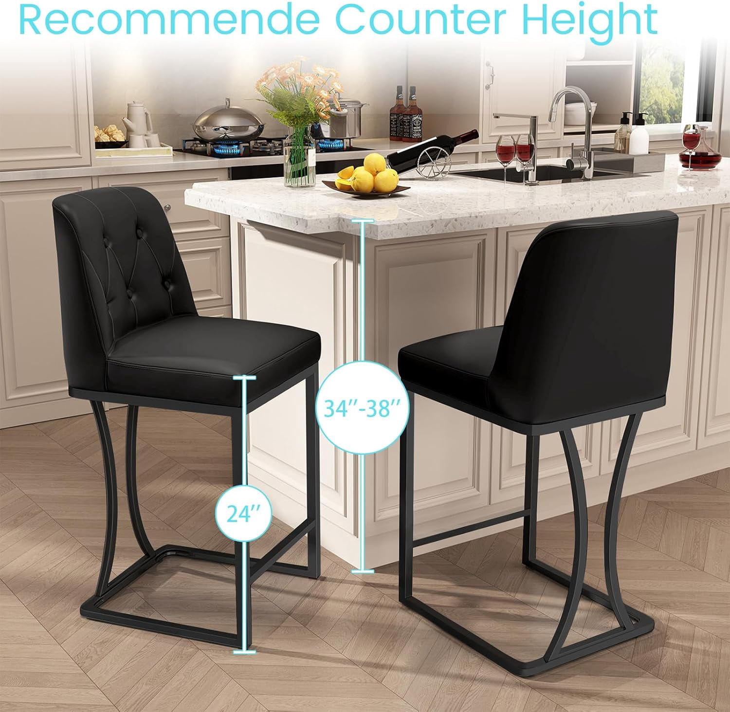 iooHug Set of 2 Black Bar Stools, 24" Counter Height Bar Stools, Faux Leather Bar Chairs with Back and Black Footrest, Modern Kitchen Island Stools for Dining Room or Bar Area