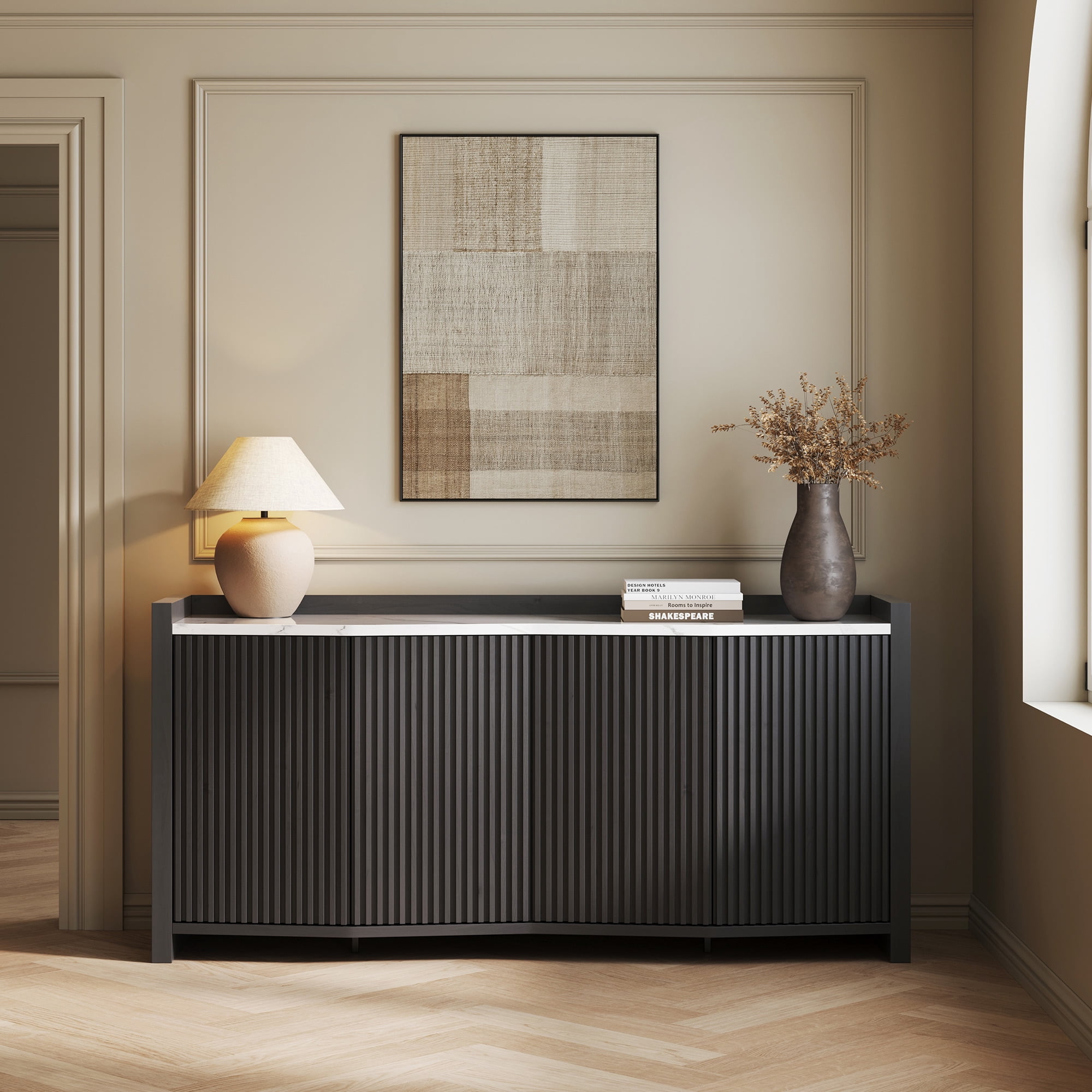 BELLEZE Buffet Cabinet with Storage 66 Inch Accent Sideboard Modern Credenza with Adjustable Shelves Fluted Black Buffet Table with Marble Panel for Kitchen Dining Room Entryway o…