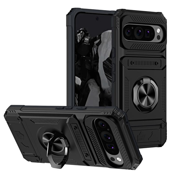 For Google Pixel 9 Pro XL Phone Case Magnetic bracket Card Holder Rotated Ring Kickstand Heavy Shockproof Wallet Case