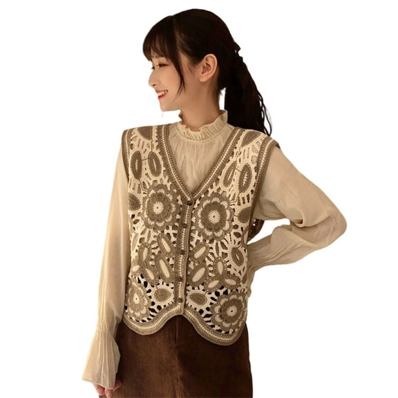 Yokua Women Crochet Sleeveless Sweater Vest Waistcoat V-Neck Button Down Hollow Out Knit Ethnic Floral Leaves Cardigan for Jac