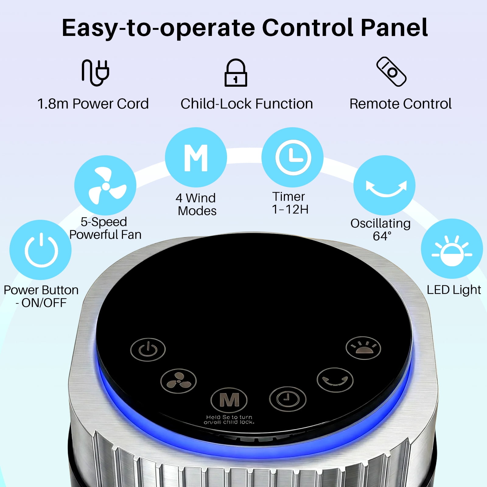 Tower Fan for Home, 64° swivel Standing Floor Fan with Remote, Bladeless Fan Cold Air Quiet, 5 Speeds, 4 Modes, LED Display, Gray