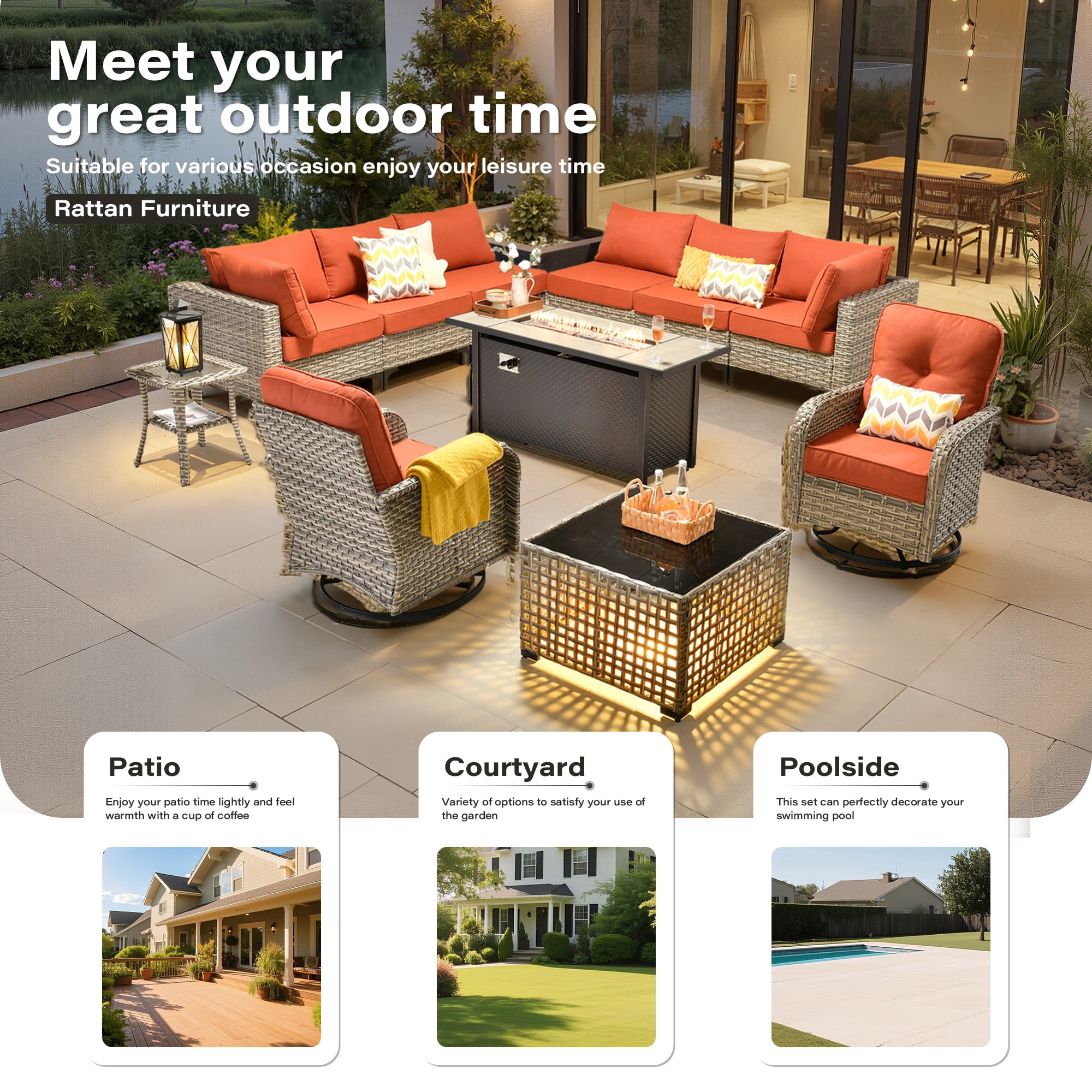 Toject 11 Pieces Patio Furniture Set All Weather Wicker Outdoor Conversation Set with 54" Fire Pit Outside Furniture Patio Sofa with Swivel Chairs & Solar Table, Coarse Orange Red