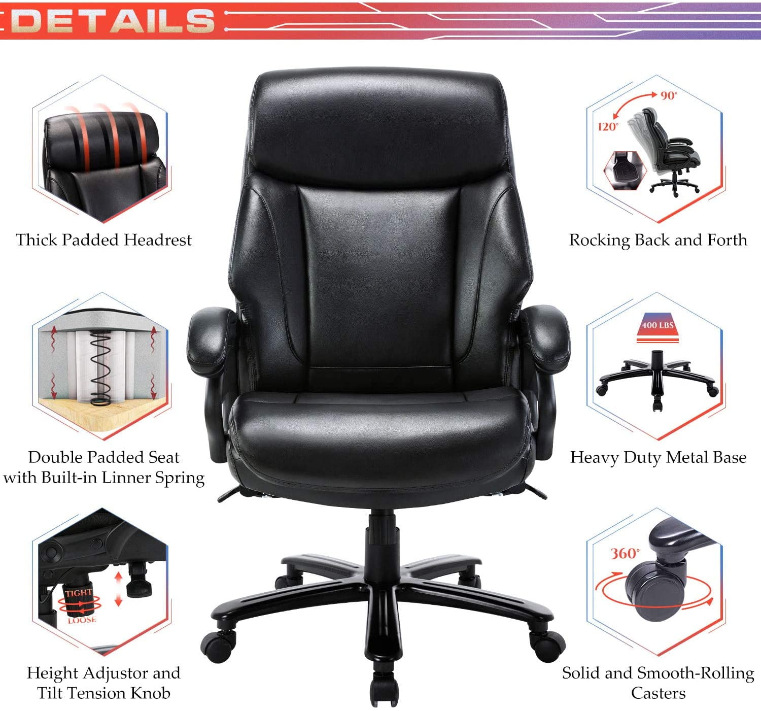 400LB heavy duty executive Ergonomic office Chair leather big and tall high back 