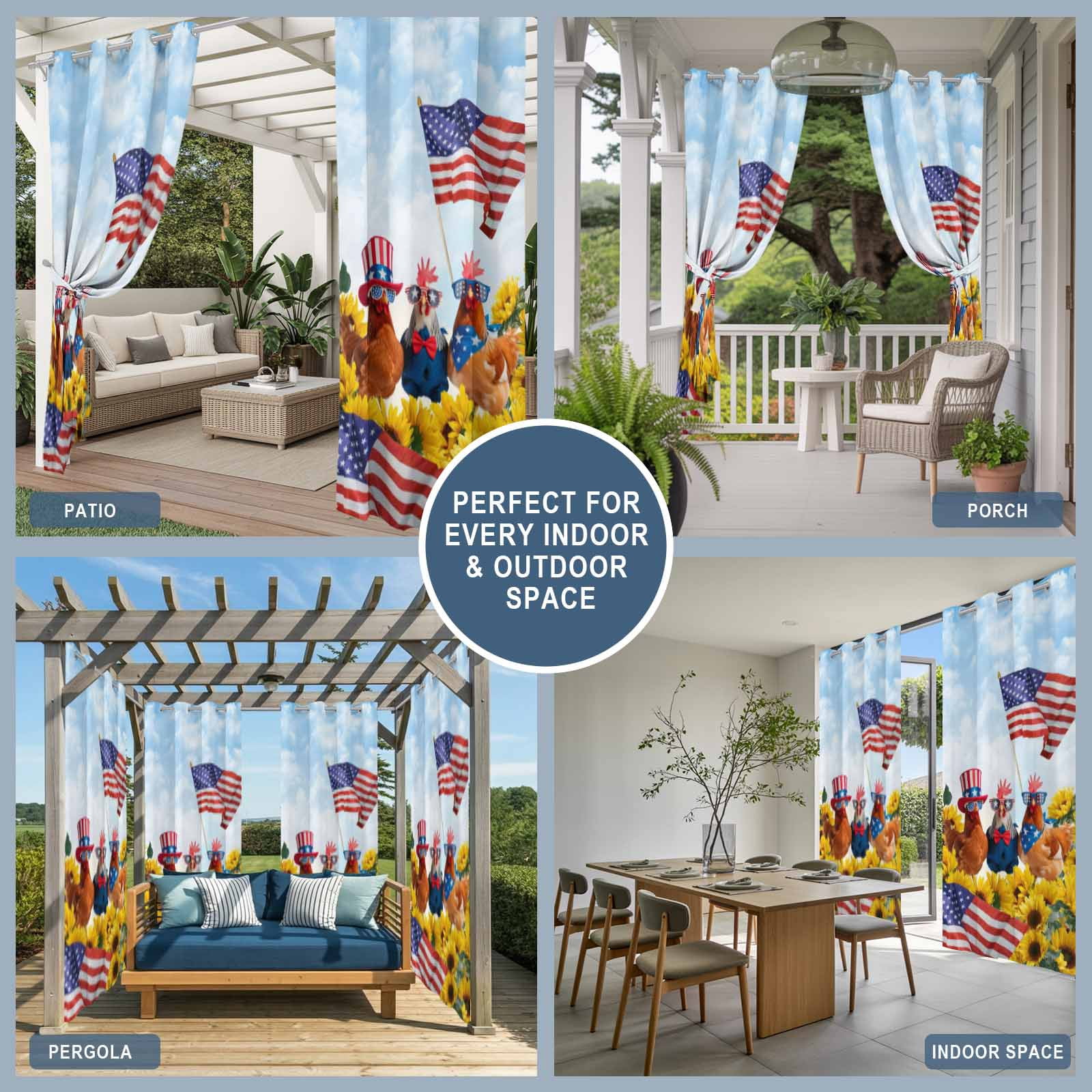 Independence Day Outdoor Curtains for Patio, U.S. Flag Themed Farm Rooster Sunflower Farmhouse Sunshade Privacy Drapes Grommet Waterproof Outside Curtains for Porch/Cabana/Balcony 54"x 108", 1 Panel