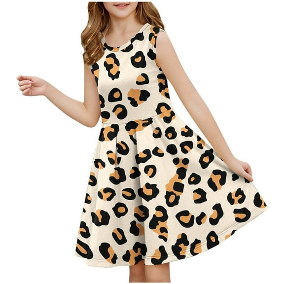 OGLCCG Kids Girl's Dresses Leopard Print Crewneck Sleeveless Tiered Swing A-Line Cute Midi Casual Sundress Summer Flowy Dress 3-14 Years