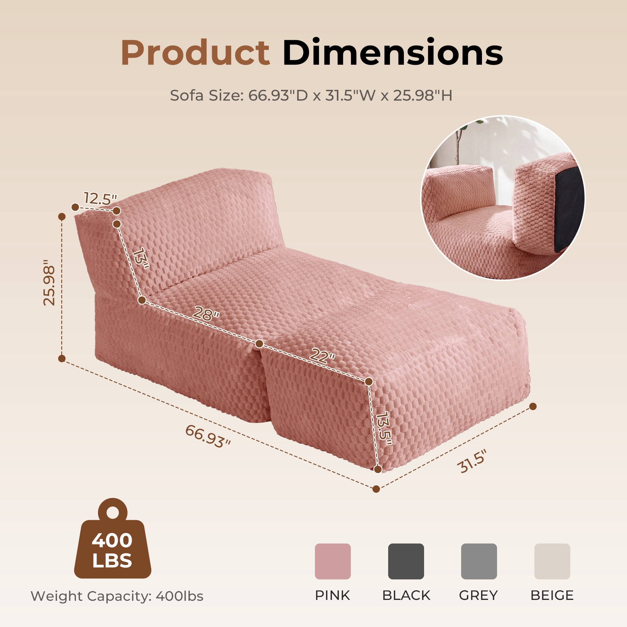 Poshby Big Bean Bag Lounger Chair for Adults, Large Flannel Plush Beanbag Sofa Chair for Living Room or Bedroom, Pink