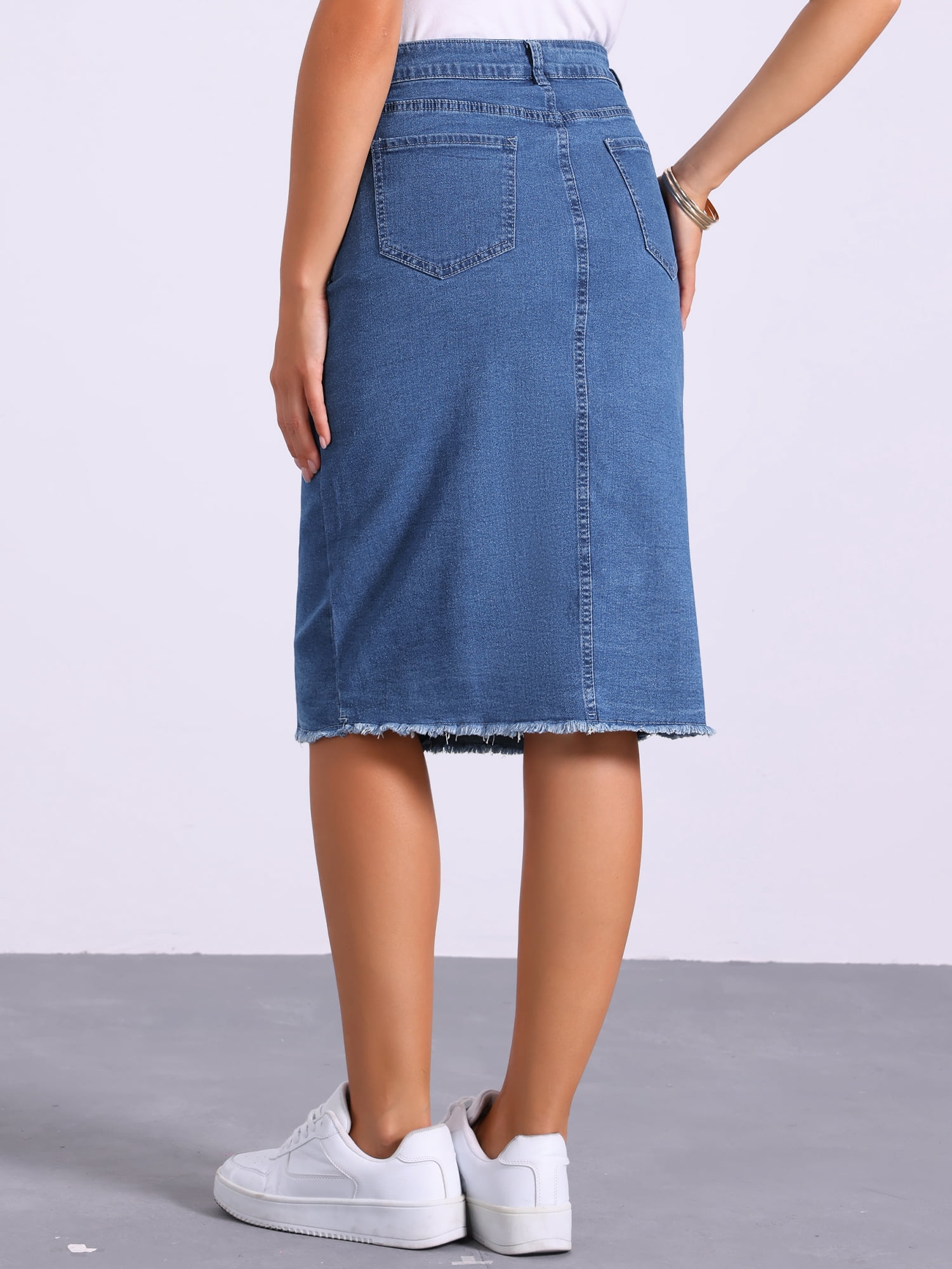 DARING DIVA Women's Button Down Frayed Raw Hem Jean Midi Skirt XS Mid Blue