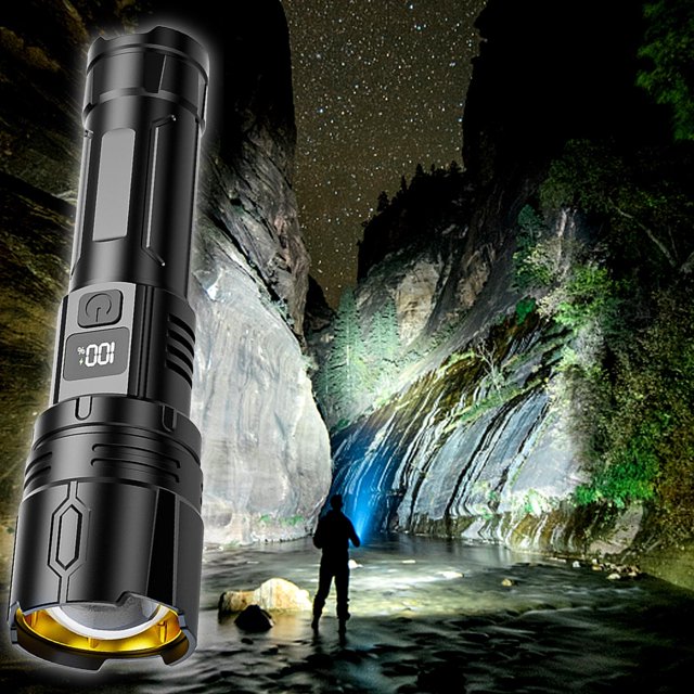 Xihbxyly Linterna Potente, Led de Alto Brillo, Pantalla de Batería Inteligente, Haz Ajustable a Distancia, para Actividades Al Aire Libre, Iluminación de Emergencia, Impermeable, Tamaño 17,6 X 4,8 Cm