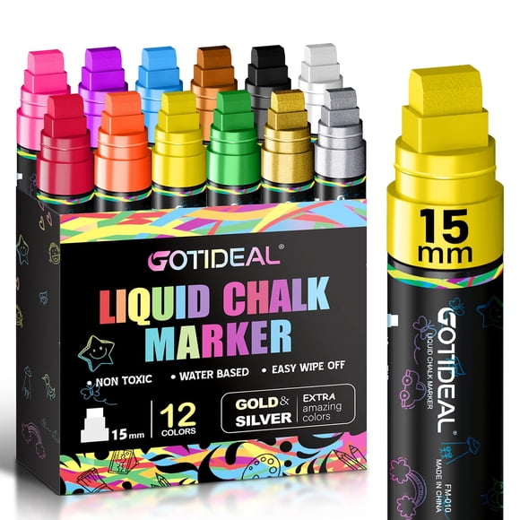 GOTIDEAL 15mm Window Markers, Jumbo Chalk Markers for Blackboard Erasable,Washable Car Marker for Auto,Chalkboard,Glass,Mirrow,Calendar,12 Colors Car