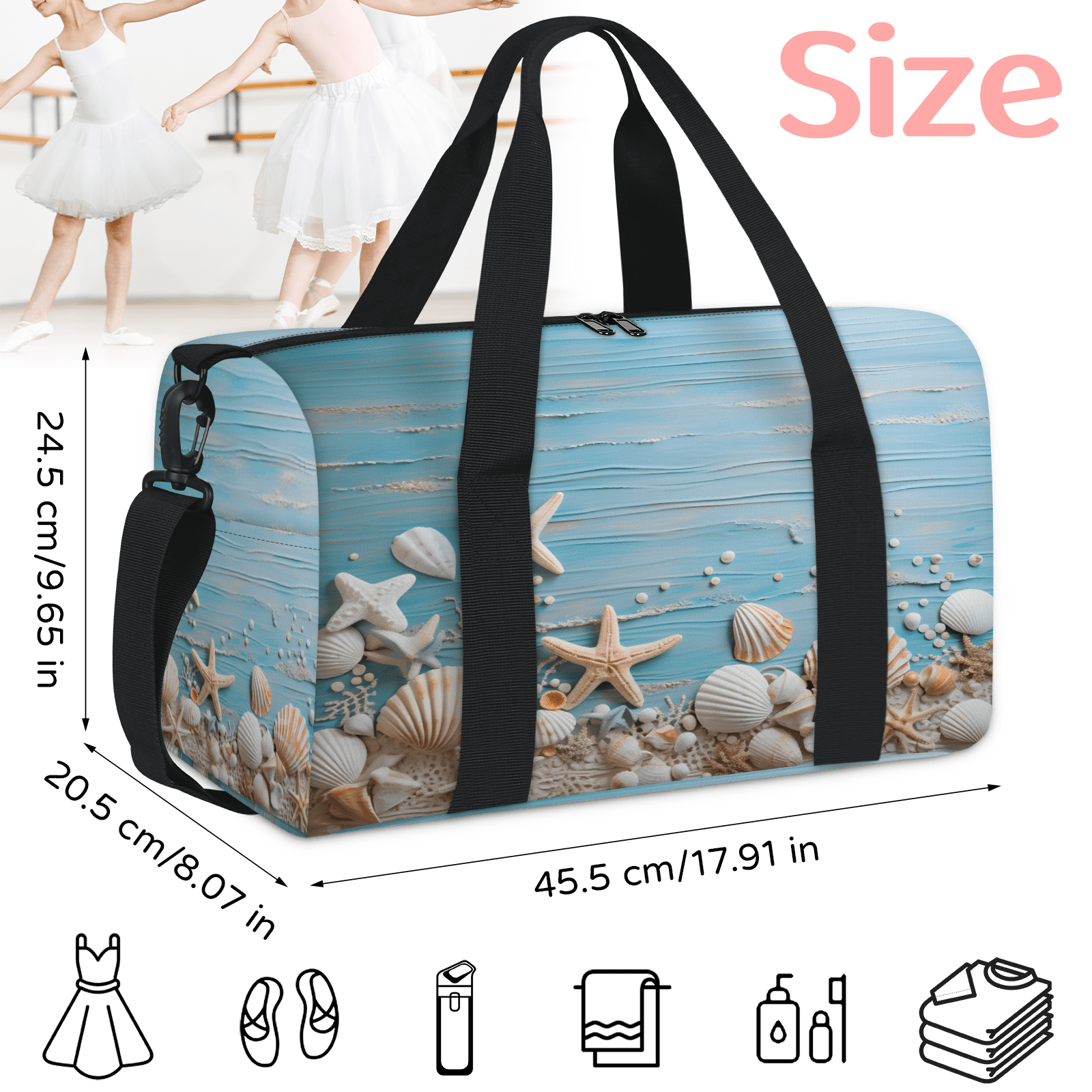 Herdesigns Starfish and Seashells Blue Gym Bag for Women, Duffle Bag for Travel Sport, Beach Coastal Nautical Lightweight Waterproof Carry on Weekender Dance Yoga Workout Bags