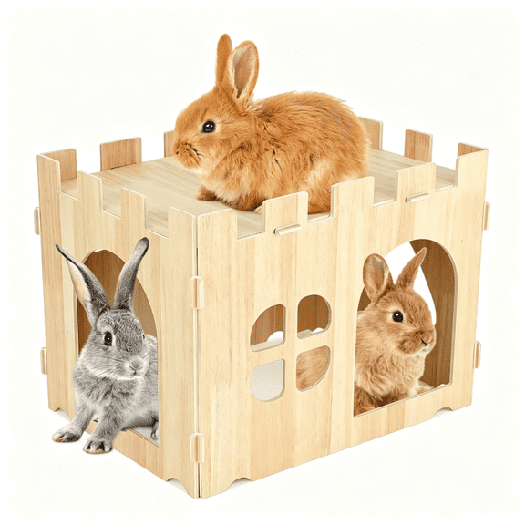 LQSEO Large Wooden Rabbit House and Hideouts Bunny Castle Detachable Small Animal Play Hideaway Rabbit Hideout Cage Accessories for Indoor Adult Rabbit Guinea Pig Chinchilla Habitat