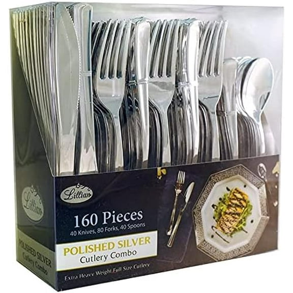 VeZee Lillian Disposable Plastic Polish Silverware Extra Heavyweight Flatware, Full Size Cutlery Combo, Forks, Spoons & Knives, Value Pack 960 Count