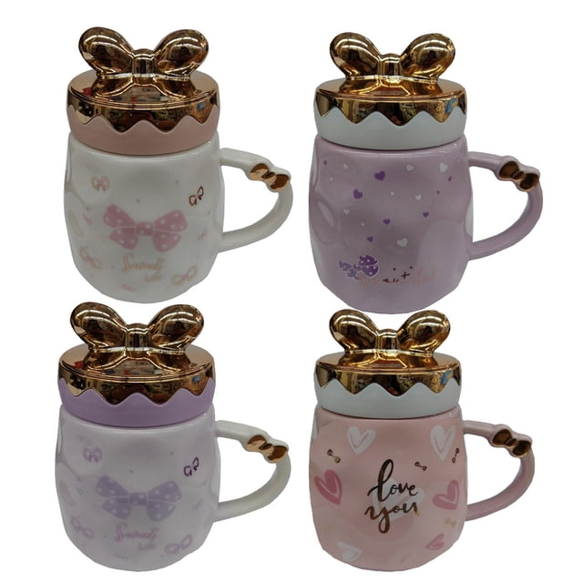 Set de Tazas Ceramica Importacion Corazon y Moños 4 Piezas