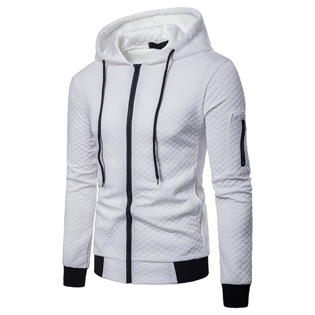 Men Sweatshirt Gym Long Sleeve Drawstring Hooded Plaid Cardigan Zipper Hoodie