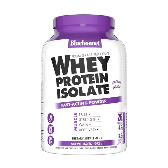 Bluebonnet Whey Protein Isolate Powder 26g From Grass Fed Cows, No Sugar Added, 2.2 lbs
