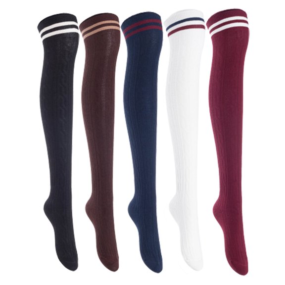 Lian Lifestyle Women's 5 Pairs Incredible Durable Super Soft Unique Over Knee High Thigh High Cotton Socks, Size US 6-9, JMYP1023 Black, Coffee, Navy, White, Wine